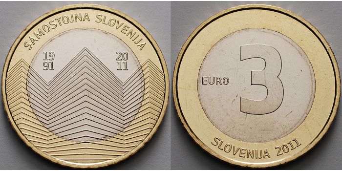 3 Euro 2011 Unabhängigkeit Slowenien 1991-2011 - vierte Euro Münze  europaweit BUBimetall
