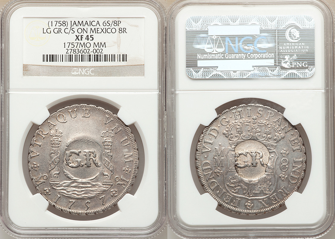 1758 British Jamaica 6 Shillings 8 Pence on 1757 Mexico 8 Reales