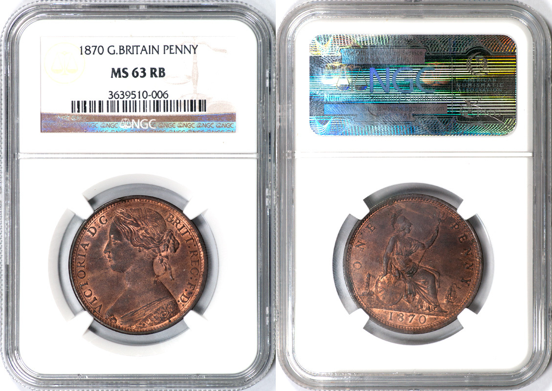 Great Britain 1870 Victoria Bronze Penny NGC MS-63 Red Brown