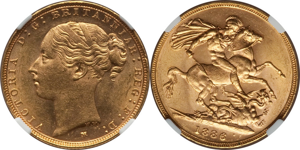 Australia 1886-M Victoria gold Sovereign St. George NGC MS-62 | MA