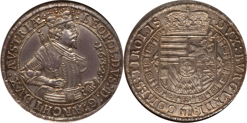 Austria 1632 Hall Archduke Leopold Taler NGC MS-64 SHARP STRIKE