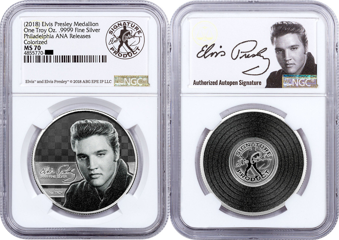 2018 1 OZ .9999 SILVER ELVIS PRESLEY COMMEMORATIVE MS70 only 100 with ANA label 