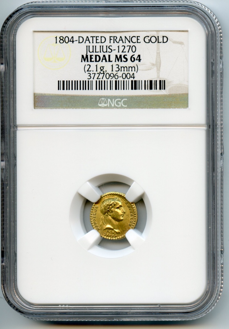 RARE France,GOLD Coronation Medal NAPOLEON I,1804 NGC MS-64 TOP