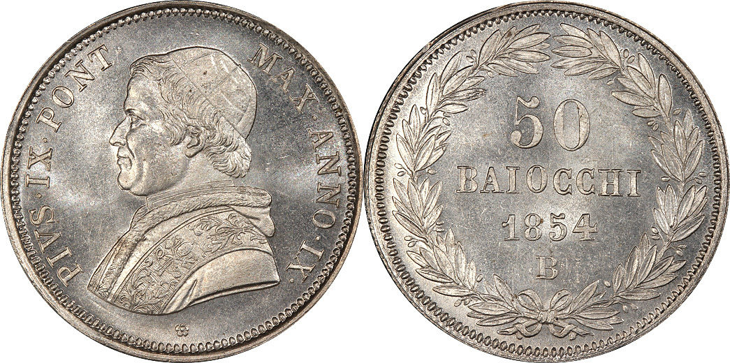 Italy 1854-B Pius IX Silver 50 Baiocchi PCGS MS-65+ SINGLE FINEST ...