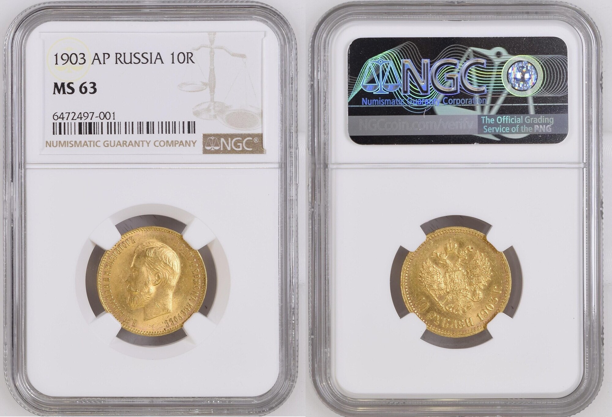 RUSSIA 10 Roubles 1903 AP Nicholas II GOLD NGC MS 63 | MA-Shops