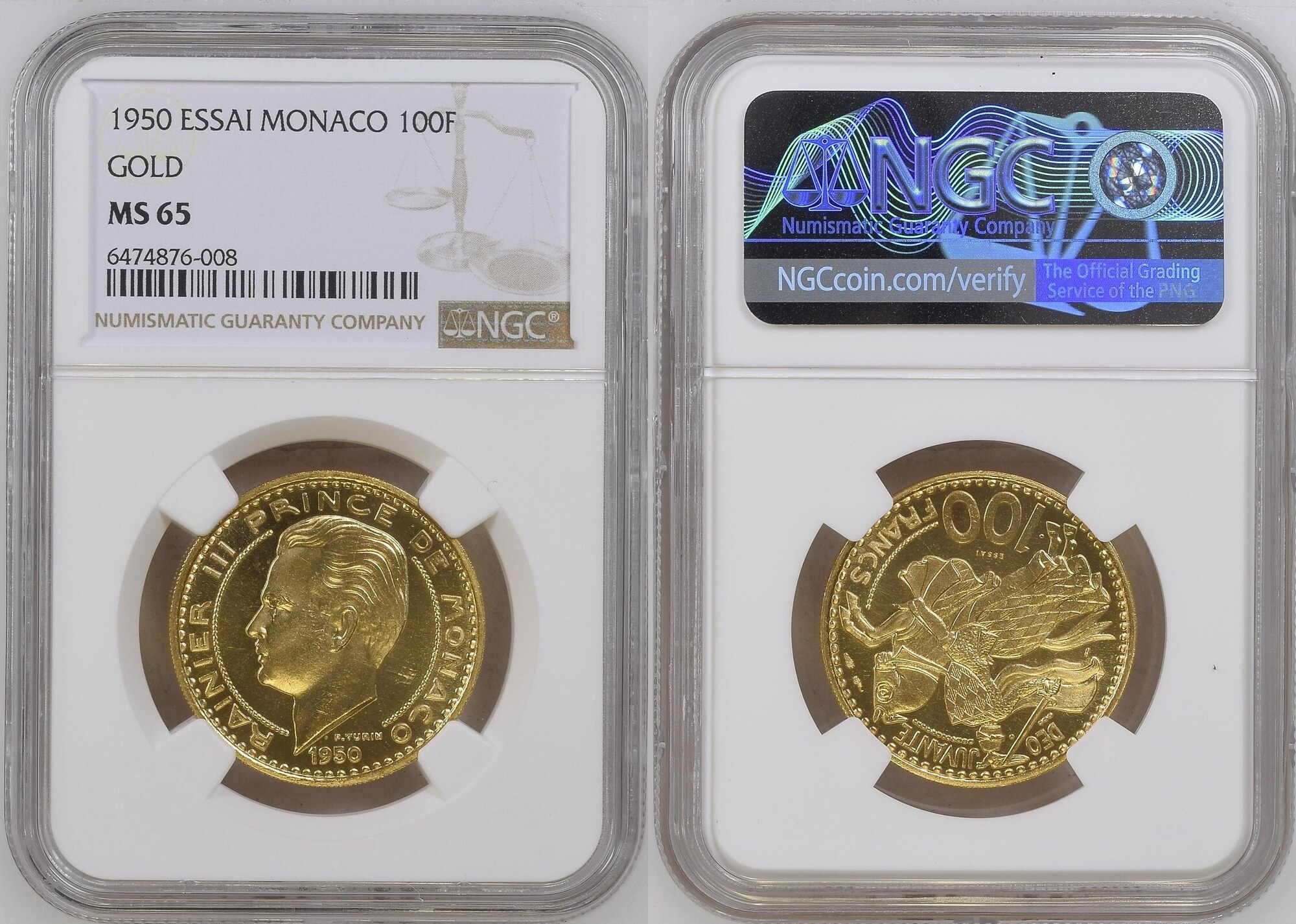 100F MONACO 1950 ESSAI Rainier III Gold 100 Francs 1950 NGC