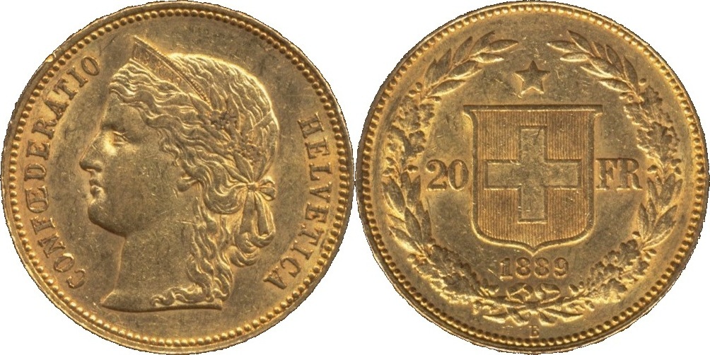 Schweiz 20 Franken 1889 Gold Coin Helvetia