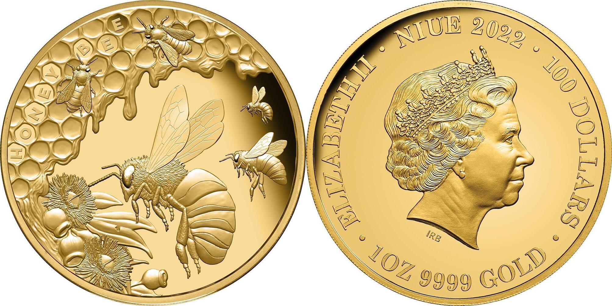 Niue 100$ 2022 1 oz Gold Coin Honey Bee - 200th Anniversary PP