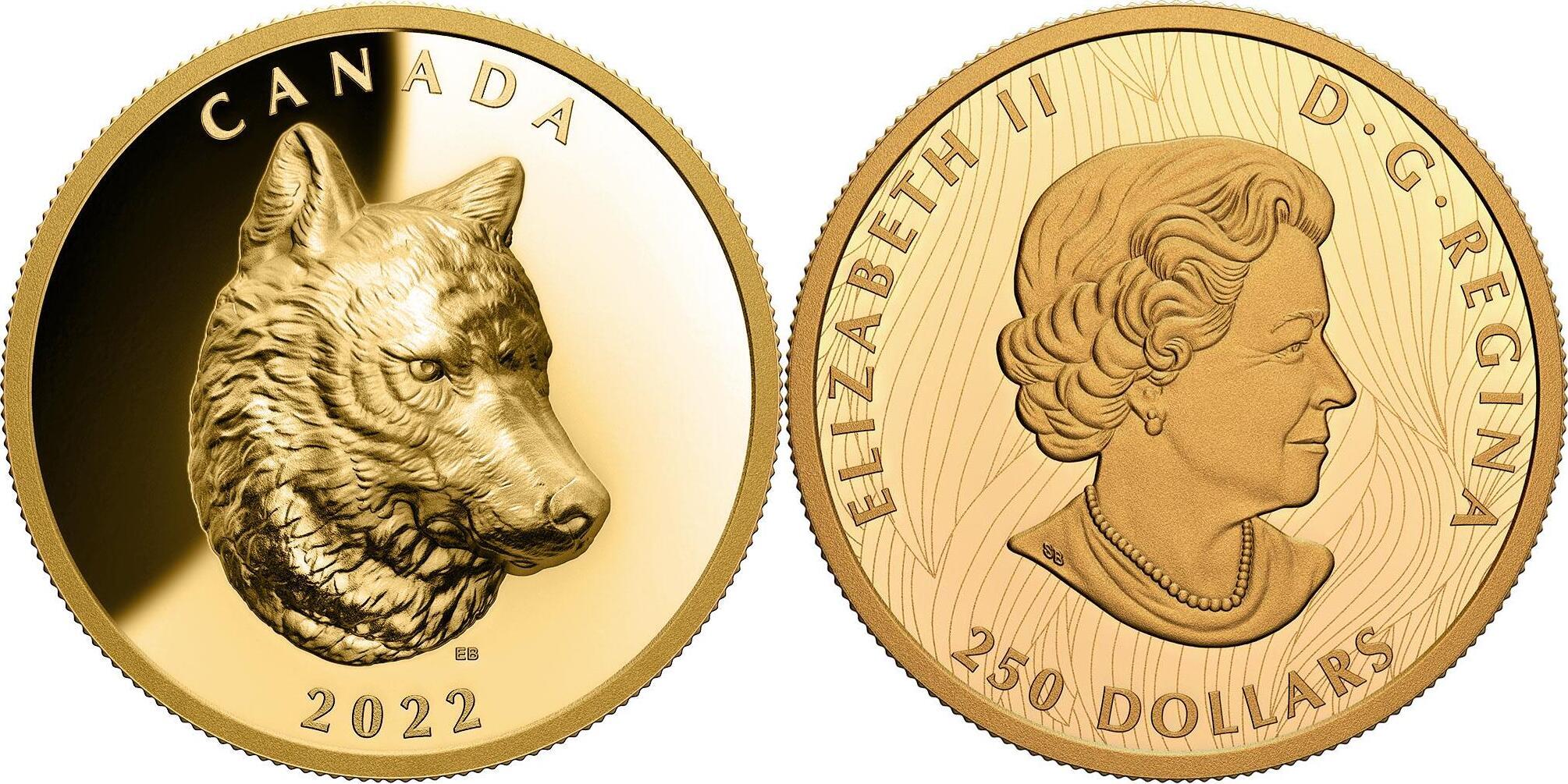 Kanada 250 2022 2 oz Gold Coin Timber Wolf Ultra High Relief PP