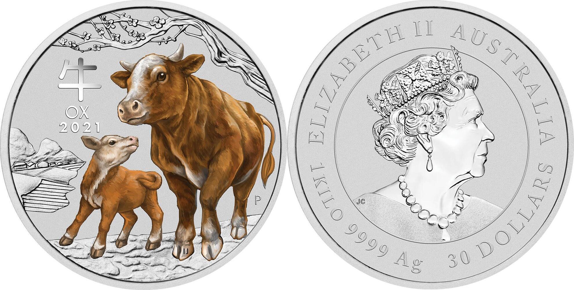 Australien 30$ 2021 1 kg Silver Coin Lunar Series III. - Year of the Ox -  color BU
