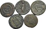 Lot mit 5 Stück Folles darunter Urbs Roma (Wölfin), Julia Soaemia, Constantin F-VF