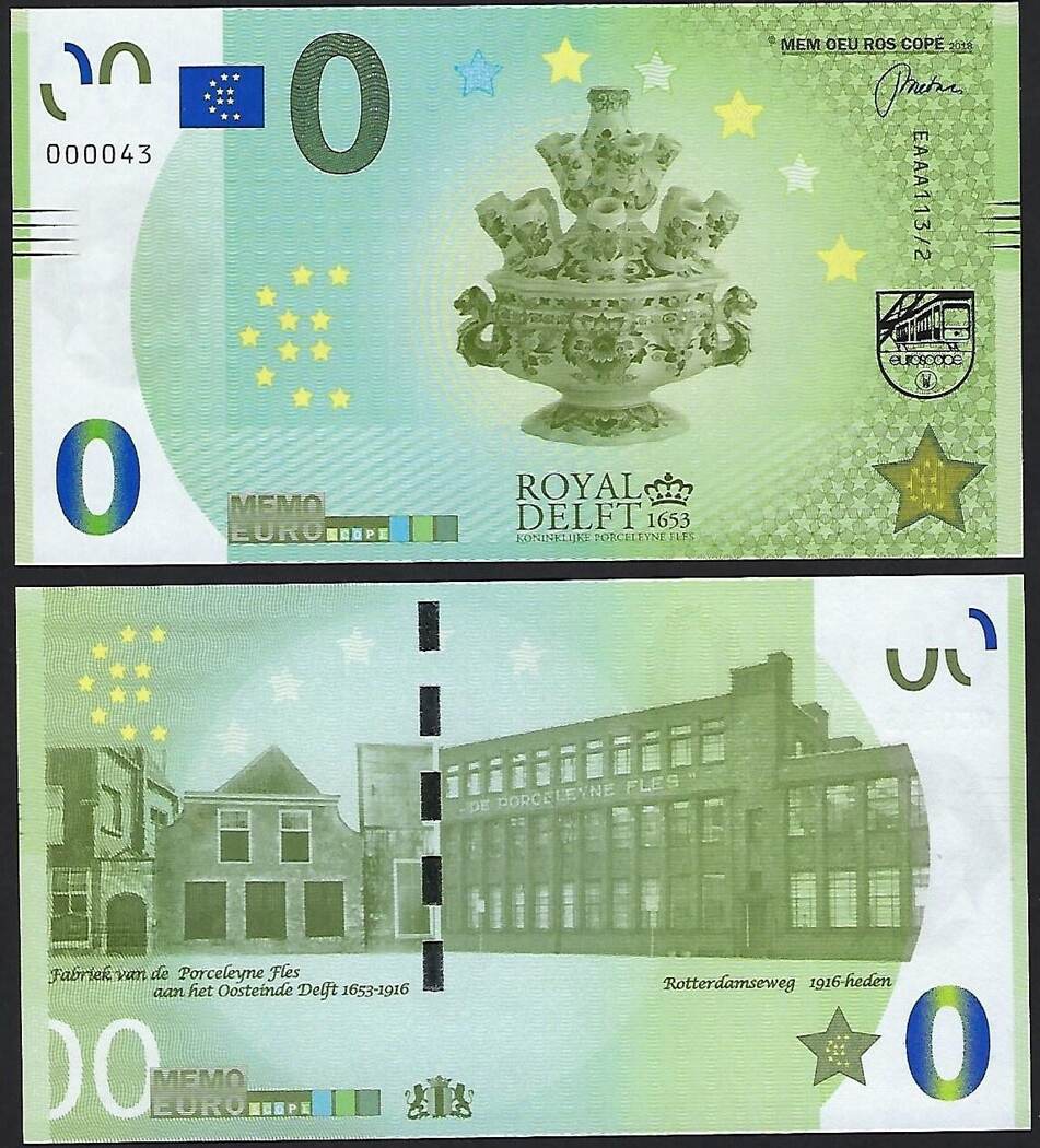 0 Euro Biljetten 0 Euro biljet Nederland 2018 Royal Delft