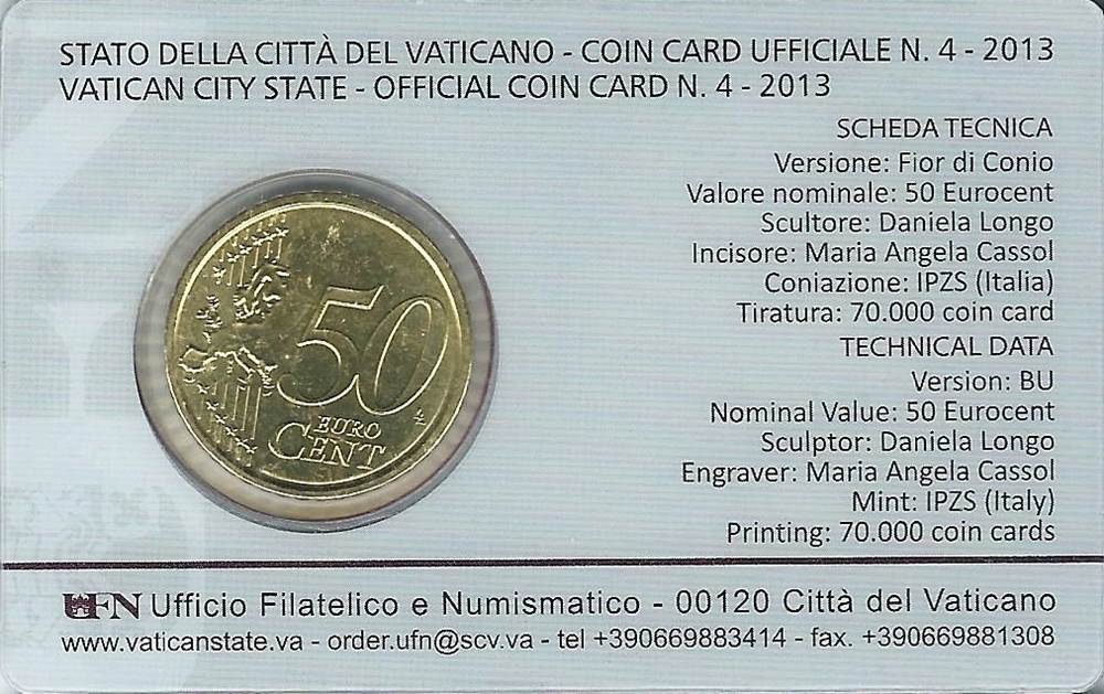 50 eurocent 2013 vatikan vatikan vatican city official coin card