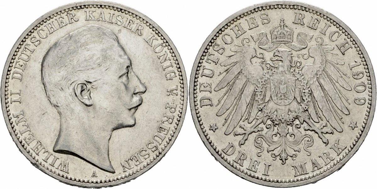 Preussen Wilhelm II. 3 Mark 1909 A Berlin Deutsches Reich